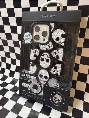 Pink Sky Black & White Skull Beaded iPhone Case (iPhone 16 Pro Max)
